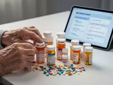 Hände einer älteren Person sortieren sorgfältig Medikamentenflaschen auf einer Oberfläche, im Hintergrund ein Tablet mit medizinischen Daten. - Foto: über boerse-global.de