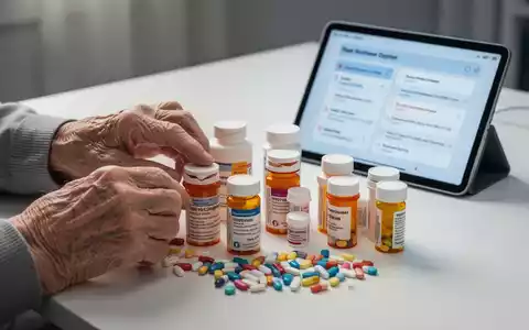 Hände einer älteren Person sortieren sorgfältig Medikamentenflaschen auf einer Oberfläche, im Hintergrund ein Tablet mit medizinischen Daten. - Foto: über boerse-global.de