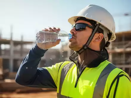 Ein Bauarbeiter trinkt Wasser auf einer Baustelle, trägt Schutzkleidung und Helm mit Nackenschutz bei heißem Wetter. - Foto: über boerse-global.de