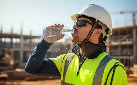 Ein Bauarbeiter trinkt Wasser auf einer Baustelle, trägt Schutzkleidung und Helm mit Nackenschutz bei heißem Wetter. - Foto: über boerse-global.de