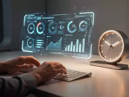 Ein futuristischer Schreibtisch mit einem holografischen Interface, das Produktivitätsdaten anzeigt, und einer modernen Uhr. Hände ruhen auf einer Tastatur. - Foto: über boerse-global.de