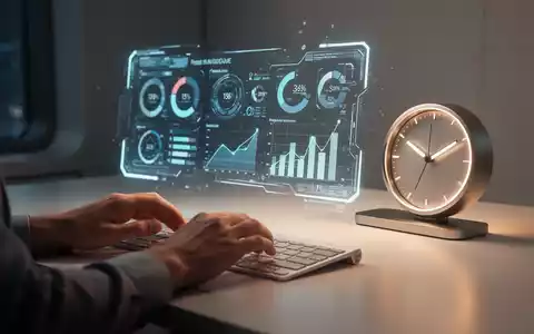 Ein futuristischer Schreibtisch mit einem holografischen Interface, das Produktivitätsdaten anzeigt, und einer modernen Uhr. Hände ruhen auf einer Tastatur. - Foto: über boerse-global.de