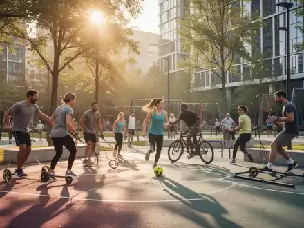 Eine diverse Gruppe von Menschen unterschiedlichen Alters nimmt an kostenlosen Sportaktivitäten in einem modernen Stadtpark teil. - Foto: über boerse-global.de