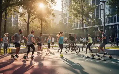 Eine diverse Gruppe von Menschen unterschiedlichen Alters nimmt an kostenlosen Sportaktivitäten in einem modernen Stadtpark teil. - Foto: über boerse-global.de