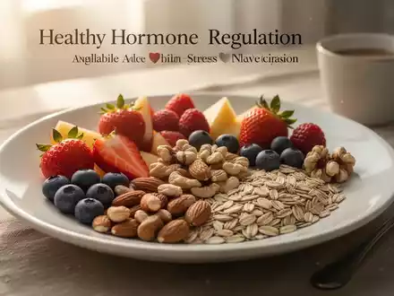 Ein ausgewogenes Frühstück mit Obst, Nüssen und Vollkornprodukten, das Hormon-Balancing und Stressreduktion symbolisiert. - Foto: über boerse-global.de
