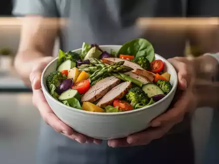 Hände halten eine Schüssel mit einem gesunden Salat, der frisches Gemüse und mageres Protein enthält, vor einem unscharfen Hintergrund. - Foto: über boerse-global.de