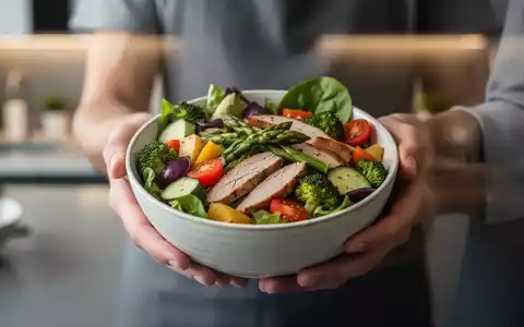 Hände halten eine Schüssel mit einem gesunden Salat, der frisches Gemüse und mageres Protein enthält, vor einem unscharfen Hintergrund. - Foto: über boerse-global.de