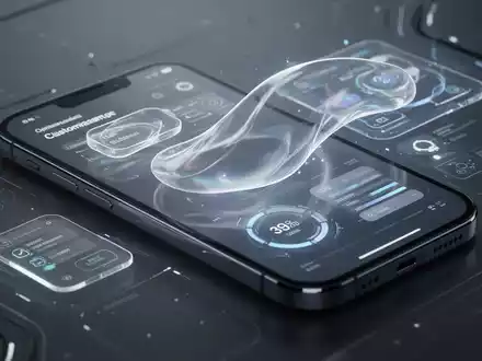 Nahaufnahme einer modernen Smartphone-Oberfläche mit transparenten, flüssig-glasartigen Elementen und anpassbaren Widgets, die sanft leuchten. - Foto: über boerse-global.de