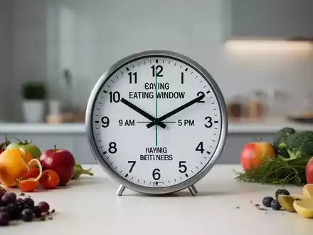 Eine stilisierte Uhr zeigt ein Essensfenster zwischen 9 und 17 Uhr, umgeben von gesunden Lebensmitteln auf einem Tisch. - Foto: über boerse-global.de
