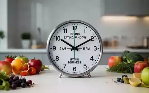 Eine stilisierte Uhr zeigt ein Essensfenster zwischen 9 und 17 Uhr, umgeben von gesunden Lebensmitteln auf einem Tisch. - Foto: über boerse-global.de