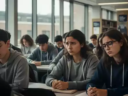 Eine Gruppe Studierender in einer Universitätsbibliothek, einige sehen nachdenklich oder gestresst aus, umgeben von Büchern und Laptops. - Foto: über boerse-global.de