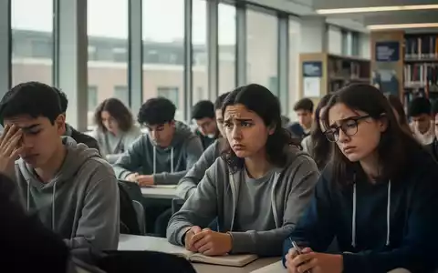 Eine Gruppe Studierender in einer Universitätsbibliothek, einige sehen nachdenklich oder gestresst aus, umgeben von Büchern und Laptops. - Foto: über boerse-global.de