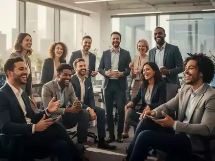 Eine Gruppe lächelnder Fachkräfte in einem modernen Büro, die entspannte Aktivitäten genießen, was eine kürzere Arbeitswoche andeutet. - Foto: über boerse-global.de