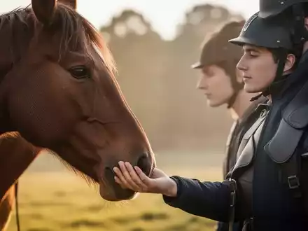 Eine Hand eines Reiters berührt sanft die Schnauze eines Pferdes, was Vertrauen und eine ruhige Verbindung zwischen Mensch und Tier symbolisiert. - Foto: über boerse-global.de