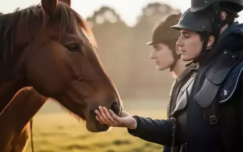 Eine Hand eines Reiters berührt sanft die Schnauze eines Pferdes, was Vertrauen und eine ruhige Verbindung zwischen Mensch und Tier symbolisiert. - Foto: über boerse-global.de