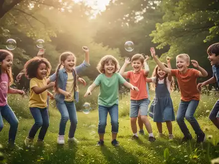 Kinder lachen und spielen im Freien, umgeben von Natur, was Spaß und Stressabbau symbolisiert. - Foto: über boerse-global.de