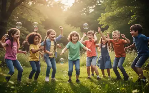 Kinder lachen und spielen im Freien, umgeben von Natur, was Spaß und Stressabbau symbolisiert. - Foto: über boerse-global.de