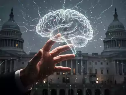 Eine Hand greift nach einem leuchtenden, abstrakten digitalen Gehirn vor einem verschwommenen Hintergrund von Regierungsgebäuden. - Foto: über boerse-global.de