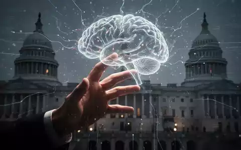 Eine Hand greift nach einem leuchtenden, abstrakten digitalen Gehirn vor einem verschwommenen Hintergrund von Regierungsgebäuden. - Foto: über boerse-global.de