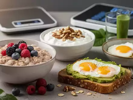 Ein ausgewogenes Frühstück mit Haferflocken, Vollkornbrot, Eiern und Avocado, das gesunde, aber potenziell kalorienreiche Lebensmittel zeigt. - Foto: über boerse-global.de