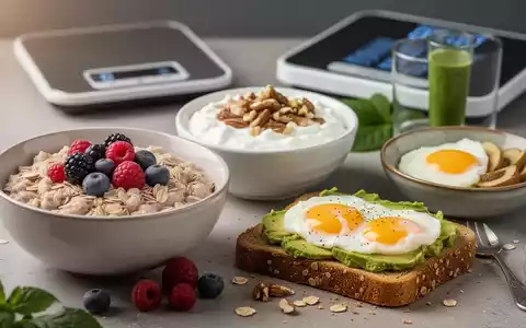 Ein ausgewogenes Frühstück mit Haferflocken, Vollkornbrot, Eiern und Avocado, das gesunde, aber potenziell kalorienreiche Lebensmittel zeigt. - Foto: über boerse-global.de