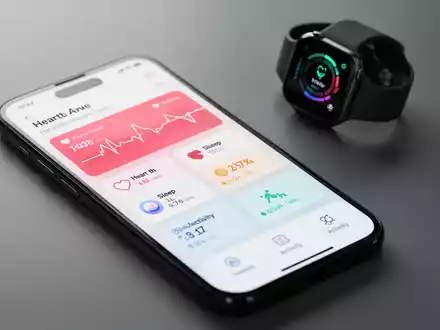 Ein Smartphone zeigt eine Gesundheits-App mit Schlaf- und Wellnessdaten, daneben eine Smartwatch auf einer sauberen Oberfläche. - Foto: über boerse-global.de