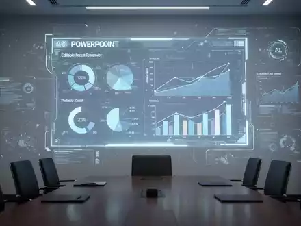 Futuristische PowerPoint-Folie mit editierbaren Diagrammen und Grafiken, projiziert auf eine Boardroom-Wand, ĂŒberlagert mit subtiler digitaler Schnittstelle. - Foto: ĂŒber boerse-global.de