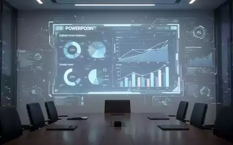 Futuristische PowerPoint-Folie mit editierbaren Diagrammen und Grafiken, projiziert auf eine Boardroom-Wand, überlagert mit subtiler digitaler Schnittstelle. - Foto: über boerse-global.de