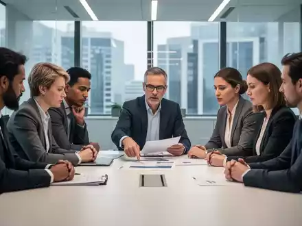 Eine Gruppe von Betriebsräten diskutiert konzentriert an einem Konferenztisch, wobei eine Person auf ein Dokument zeigt. - Foto: über boerse-global.de