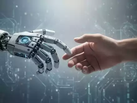 Eine Roboterhand und eine menschliche Hand berühren sich fast, vor einem Hintergrund aus abstrakten digitalen Mustern. - Foto: über boerse-global.de