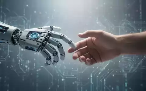 Eine Roboterhand und eine menschliche Hand berühren sich fast, vor einem Hintergrund aus abstrakten digitalen Mustern. - Foto: über boerse-global.de