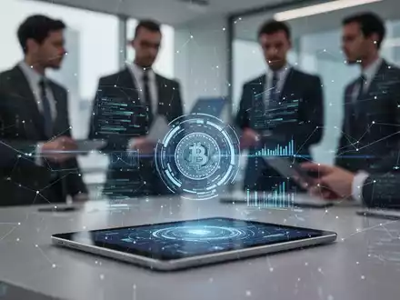 Tablet mit sicherer DigitalwĂ€hrungs-OberflĂ€che, unscharfe Finanzprofis in modernem BĂŒro. - Foto: ĂŒber boerse-global.de