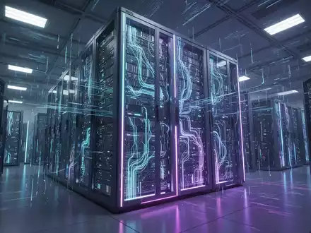 Ein riesiger, futuristischer Supercomputer-Server-Rack mit leuchtenden Schaltkreisen in einem hochmodernen Rechenzentrum. - Foto: über boerse-global.de