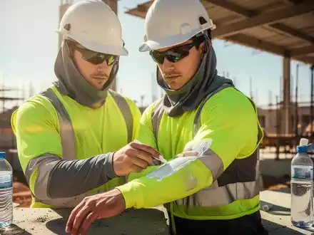 Ein Bauarbeiter trägt Sonnenschutzmittel auf seinen Arm auf einer sonnigen Baustelle. Im Hintergrund sind eine Wasserflasche und ein schattiger Bereich zu sehen. - Foto: über boerse-global.de