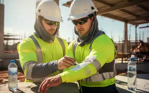 Ein Bauarbeiter trägt Sonnenschutzmittel auf seinen Arm auf einer sonnigen Baustelle. Im Hintergrund sind eine Wasserflasche und ein schattiger Bereich zu sehen. - Foto: über boerse-global.de
