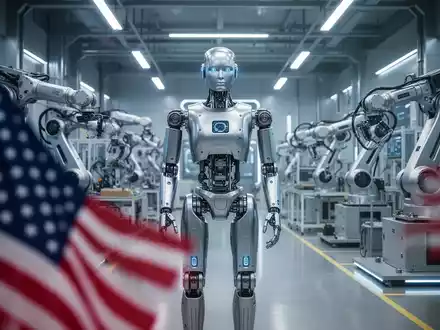 Humanoides Robot in einer chinesischen Fabrik, verschwommene US-Flagge im Vordergrund, symbolisiert Rückstand der US-Industrie. - Foto: über boerse-global.de