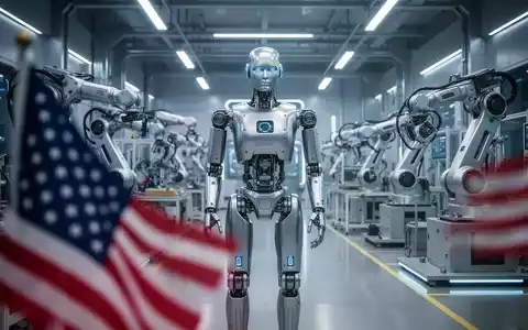 Humanoides Robot in einer chinesischen Fabrik, verschwommene US-Flagge im Vordergrund, symbolisiert Rückstand der US-Industrie. - Foto: über boerse-global.de