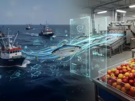 Digitale Datenströme visualisiert über einer Fischlieferkette, von Fischerbooten im Meer bis zu einer Verarbeitungsanlage und einem Laden. - Foto: über boerse-global.de