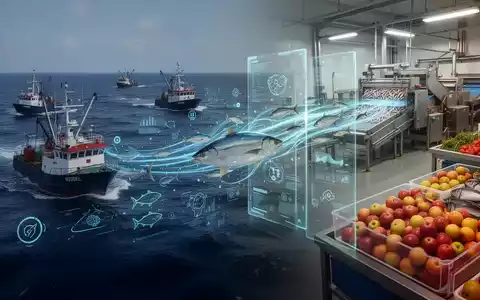 Digitale Datenströme visualisiert über einer Fischlieferkette, von Fischerbooten im Meer bis zu einer Verarbeitungsanlage und einem Laden. - Foto: über boerse-global.de