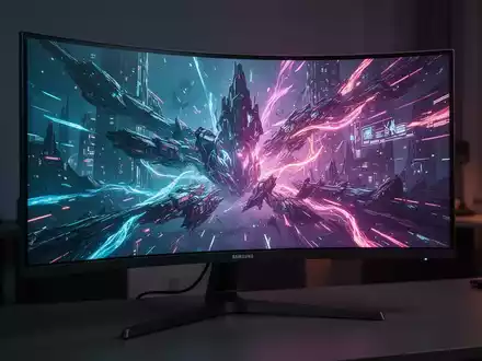 Nahaufnahme eines gebogenen Samsung Odyssey Gaming-Monitors mit lebendigen, futuristischen Grafiken, die sein immersives Design betont. - Foto: über boerse-global.de