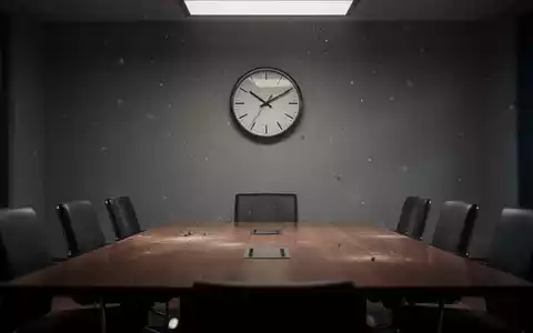Ein leeres, schwach beleuchtetes Sitzungszimmer mit einer stillstehenden Uhr, das finanzielle Stagnation symbolisiert. - Foto: über boerse-global.de