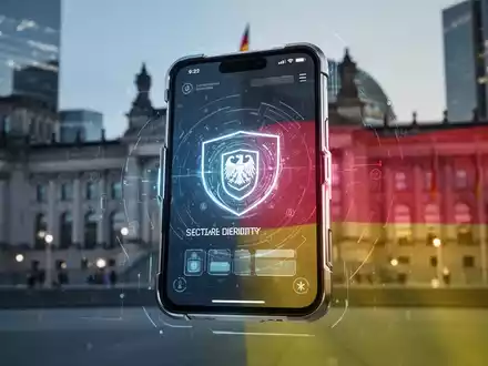 Smartphone mit sicherer digitaler Identitätsoberfläche und deutschen Flaggen-Elementen vor verschwommener moderner Stadtlandschaft. - Foto: über boerse-global.de