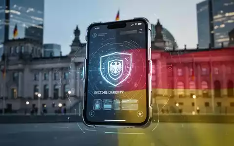 Smartphone mit sicherer digitaler Identitätsoberfläche und deutschen Flaggen-Elementen vor verschwommener moderner Stadtlandschaft. - Foto: über boerse-global.de