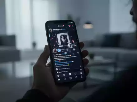 Eine Hand hält ein Smartphone mit einem verzerrten Social-Media-Feed, verschwommener Hintergrund eines modernen Wohnraums. - Foto: über boerse-global.de