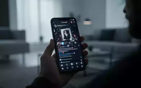 Eine Hand hält ein Smartphone mit einem verzerrten Social-Media-Feed, verschwommener Hintergrund eines modernen Wohnraums. - Foto: über boerse-global.de