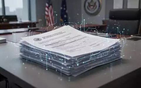 Ein verschwommener Stapel Papierdokumente mit einem leuchtenden digitalen Overlay, das Datenfluss und Effizienz symbolisiert. - Foto: über boerse-global.de
