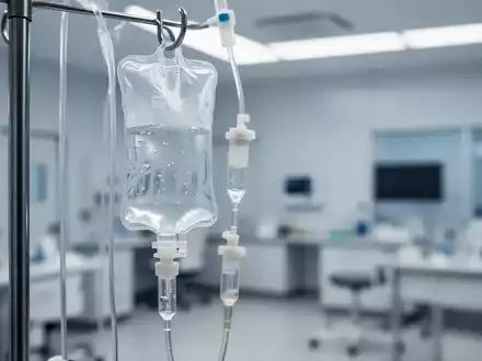 Nahaufnahme eines Infusionsbeutels mit klarer Flüssigkeit, der an einem Ständer hängt, im Hintergrund eine verschwommene medizinische Einrichtung. - Foto: über boerse-global.de