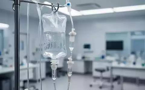 Nahaufnahme eines Infusionsbeutels mit klarer Flüssigkeit, der an einem Ständer hängt, im Hintergrund eine verschwommene medizinische Einrichtung. - Foto: über boerse-global.de