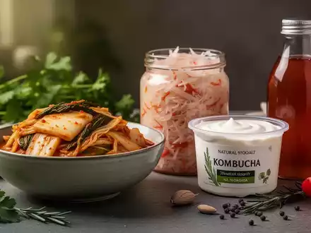 Eine Nahaufnahme einer Anordnung fermentierter Lebensmittel, darunter Kimchi, Sauerkraut und Joghurt, mit frischen Zutaten im Hintergrund. - Foto: über boerse-global.de