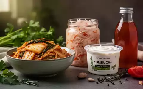 Eine Nahaufnahme einer Anordnung fermentierter Lebensmittel, darunter Kimchi, Sauerkraut und Joghurt, mit frischen Zutaten im Hintergrund. - Foto: über boerse-global.de